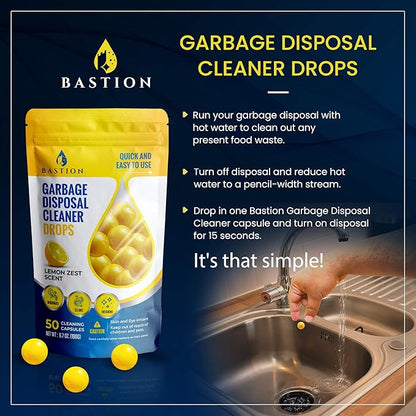 Garbage Disposal Cleaner and Deodorizer Drops Bundle -Orange & Lemon Scented Kitchen Sink Freshener Pods & Drain Odor Eliminator Disposer Care Balls by Bastion