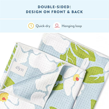 ELYN Microfiber Kitchen Dish Towel Set, Quick-Dry & Absorbent Waffle Weave Cleaning Towels, Set of 4 Kitchen Towels, Paper Towels Alternative (Magnolias & Stripe)