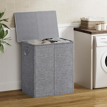 Chrislley 140L Laundry Hamper 2 Section, Double Laundry Basket with Lid, Large Dirty Clothes Hamper with Removable Liner Bags, Collapsible Laundry Organizer for Bedroom, Dorm,Grey