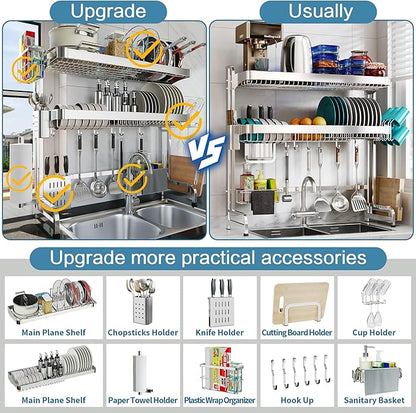 LIVOD Over The Sink Dish Drying Rack,3 Tier Adjustable Length Full Stainless Steel Large Storage Kitchen Dish Rack,for Kitchen Counter Expandable Multifunctional Organizers,Silver (25.98-37.6")