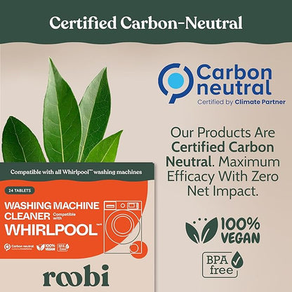 Roobi Washing Machine Cleaner Tablets. Compatible with Whirlpool and All Washing Machine Brands and Models. Septic Safe Deep Clean Formula. Carbon-Neutral 24-Pack Cleaning Tablets.