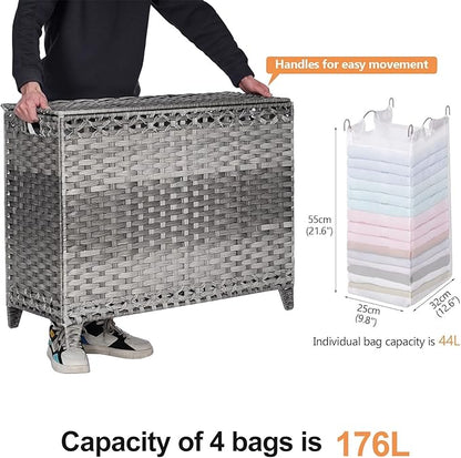 Laundry Hamper with 4 Removable Liner Bags; 176L Handwoven Rattan Laundry Basket with Lid & Heightened Feet; Clothes Hamper with Side Handles(Gray)