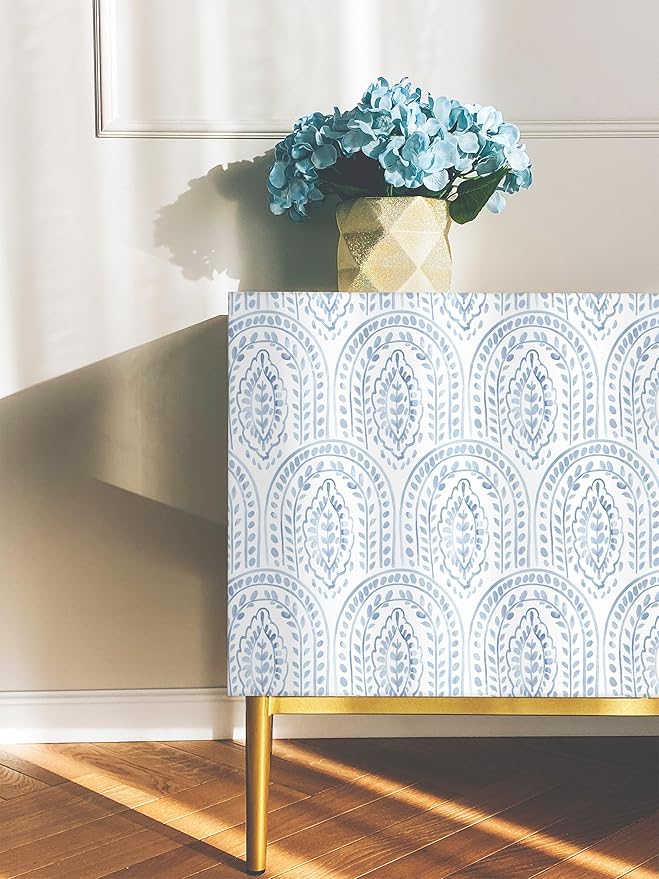 EeeComing Blue Peel and Stick Wallpaper Boho Wall Paper Peel and Stick Modern Contact Paper Self Adhesive Wallpaper for Bedroom and Bathroom Removable Cabinet Shelf Liner Vinyl 17.3”X118.1”