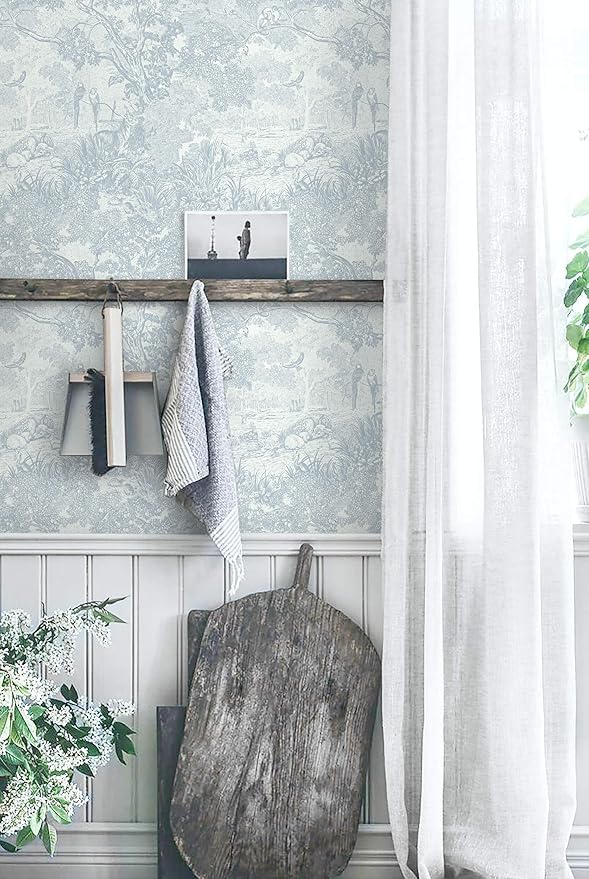Heroad Peel and Stick Wallpaper Blue and White Vintage Forest Animals Floral Wallpaper Removable Self-Adhesive Contact Paper for Bedroom Living Room Cabinets Decoration Thicken Vinyl 17.3" x 197"