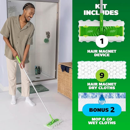 Swiffer Hair Magnet Deluxe Starter Kit with Collapsible Pole, 9 Hair Magnet Dry Cloths, 2 Bonus Mop & Go Wet Cloths