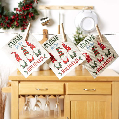 DII Swedish Dishcloths for Kitchen & Cleaning, Reusable, Machine Washable & Dishwasher Safe, Biodegradable, 7.75 x 6.75, Gnome Holidays, 3 Piece