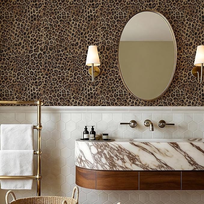 JiffDiff Upgrade Leopard Print Peel and Stick Wallpaper, 17.3" x 800" Waterproof Removable Self Adhesive Wallpaper, Brown Unique Funky Cheetah Contact Paper for Bedroom, Bathroom, Decor