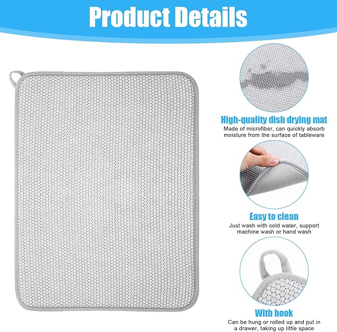 Giantree Small Microfiber Dish Drying Mat, Absorbent Dish Drainer Mats for Kitchen Counter, 15.74 x 11.8 Inch Microfiber Dishes Drying Pad Countertops Sinks Draining Racks(Gray)