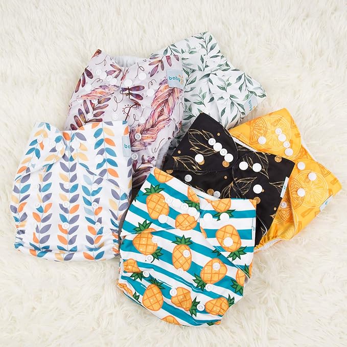 Babygoal Reusable Neutral Cloth Diapers 6 Pack with 10pcs Inserts, One Size Adjustable Washable Pocket Nappy Covers for Baby Boys and Girls