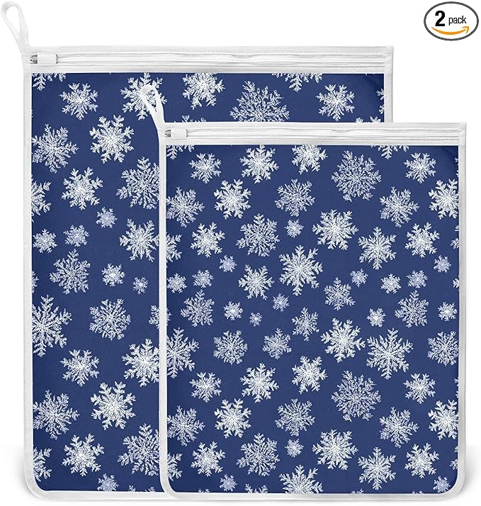 Mesh Laundry Bags Lingerie Bags for Washing Delicates 2 PCS Durable Wash Bag with Zipper Small and Medium Washable Navy Blue Snowflakes
