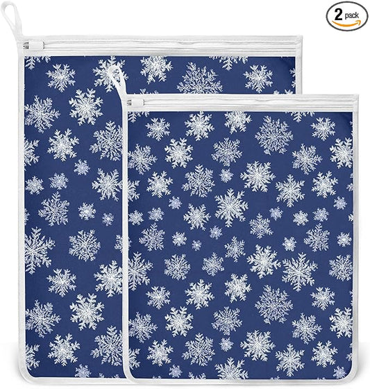 Mesh Laundry Bags Lingerie Bags for Washing Delicates 2 PCS Durable Wash Bag with Zipper Small and Medium Washable Navy Blue Snowflakes