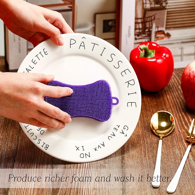 8 Pieces Silicone Sponge Silicone Scrubber Dish Brush Cleaning Sponges Circular and Soap-Shaped Silicone Dishwashing Brush Pad Double Sided Silicone Brush for Kitchen Dishes Fruits Vegetables