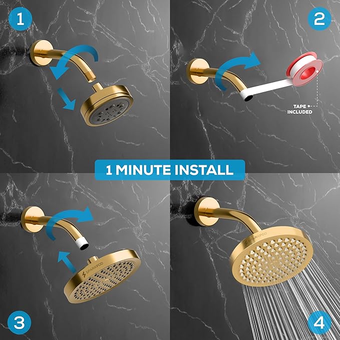 SparkPod Shower Head - High Pressure Rain - Premium Quality Luxury Design - Easy Clean Adjustable Replacement for Your Bathroom Shower Heads (Egyptian Gold, 6 Inch Round)