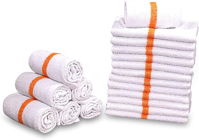 12 PC New Cotton Blend White Restaurant Bar Mops Kitchen Towels (1 Dozen) (12, Gold Stripe)