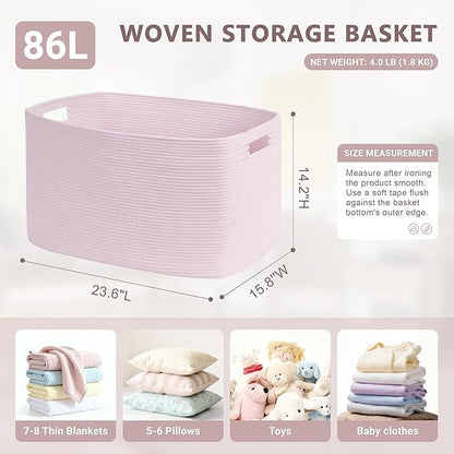 86L Large Baby Girls Laundry Basket for Nursery Storage,Cute Woven cotton Rope Baskets for Kids Toy，Gifts, Boho Square Wicker Blanket hamper for Living Room,Bedroom Dirty Clothes,Pink