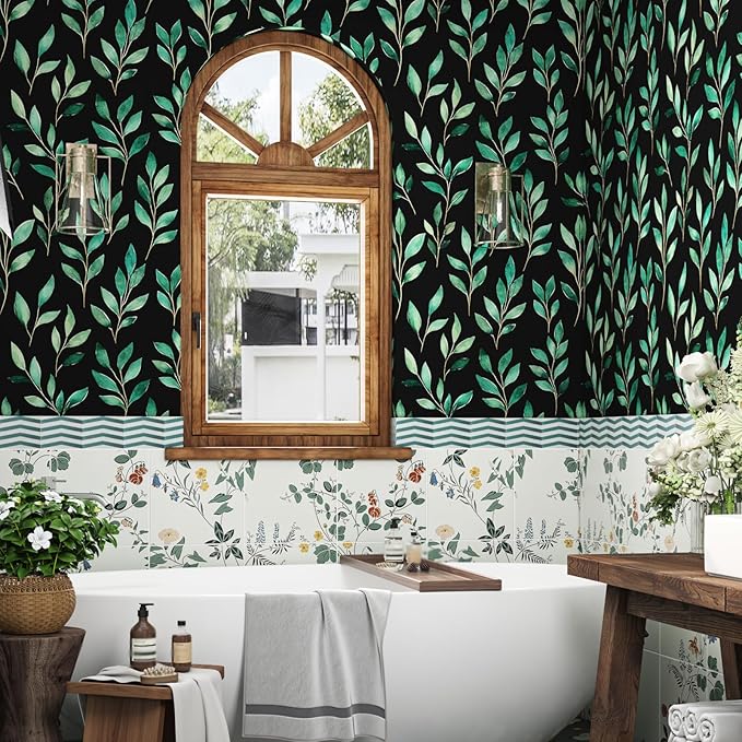 Fvlow Green Floral Wallpaper Peel and Stick Black Leaf Contact Paper 17.4" x 118" Vintage Leaf Wallpaper Waterproof Self-Adhesive Wall Covering for Bedroom Countertop Desk Cabinets Decor