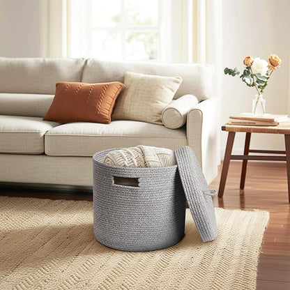 Storage Basket with Lid, Woven Blanket Storage for Living Room, Soft Cotton Rope Bin with Lid, Round Wicker Laundry Basket with Cover, Lidded Kid Dog Toy Box, Nursery Organizer, 15"x13", Gray