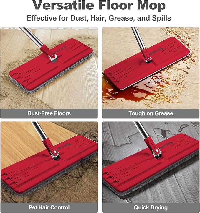 JOYMOOP Flat Mop, Microfiber Mops for Floor Cleaning and Wall Cleaner, 50" Mops with 13" Flat Head with a Microfiber Mop Pad - Black & Red
