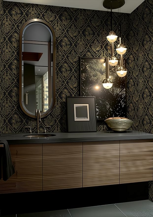 Toduso Peel and Stick Wallpaper Vintage Wall Paper Boho Contact Paper Black and Gold Floral Removable Wallpaper for Bathroom Bedroom Flower Waterproof Self Adhesive Vinyl Drawer Decor 17.3"x78.7"