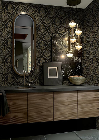 Toduso Peel and Stick Wallpaper Vintage Wall Paper Boho Contact Paper Black and Gold Floral Removable Wallpaper for Bathroom Bedroom Flower Waterproof Self Adhesive Vinyl Drawer Decor 17.3"x196.8"
