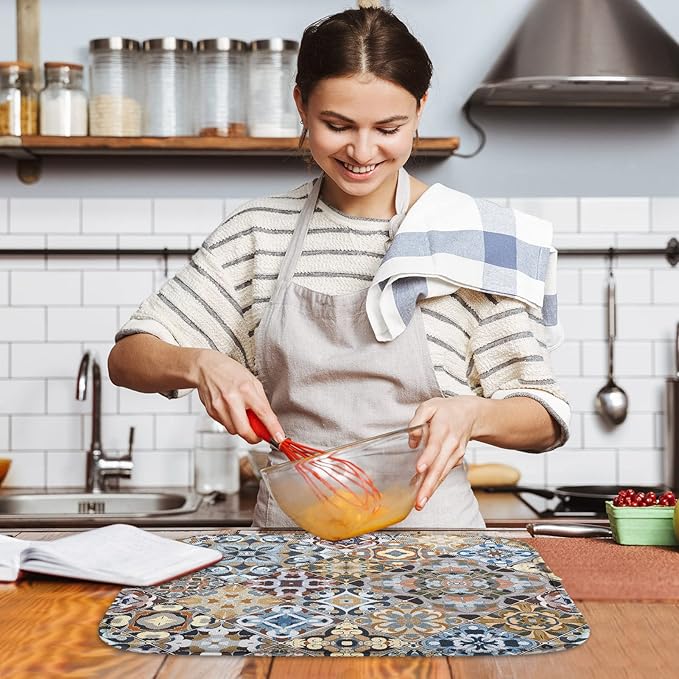 Sanwarm Absorbent Dish Drying Mat, Retro Colorful Tiles Vintage Floral Microfiber Pad for Kitchen Counter, Coffee Bar Decor, Heat Resistant and Reversible, 18" x 24"