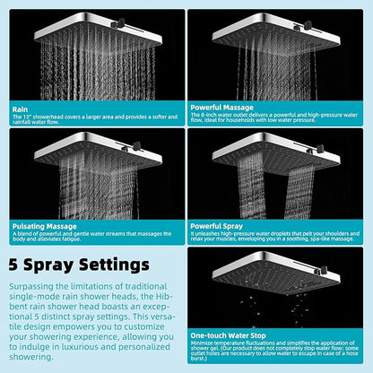 Hibbent cUPC Certified 5 Spray Modes Shower Head, 13'' High Pressure Large Rainfall Shower Head, High Flow Waterfall Bathroom Fixed Showerheads with Adjustable Swivel Ball Joint, Chrome