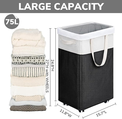 Goodpick Rolling Laundry Hamper with Wheels 75L, Black Laundry Hamper for Dirty Clothes, Collapsible Laundry Basket with Removable Wash, Black Laundry Basket with Wheels