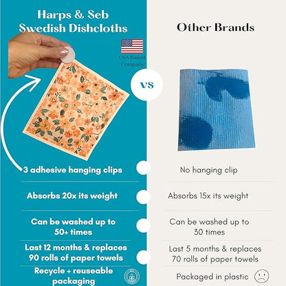 Harps&Seb Swedish Dishcloths for Kitchen Dishcloths - 6 Pack, Reusable Paper Towels with Clips, Super Absorbent Washable Non-Scratch Swedish Dish Towels, No Odor, Biodegradable