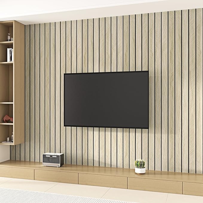 Wallercity Light Brown Wood Slat 3D Wall Panels Self Adhesive Soundproof Wooden Panel for Bedroom Living Room Peel and Stick Wood Paneling for Interior Decor Waterproof Acoustic Fence 11.7''x197''