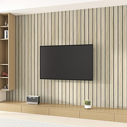 Wallercity Light Brown Wood Slat Acoustic Panels for Stylish Decor Noise Reduction 3D Textured Wood Grain Paneling for Ceiling Walls Peel & Stick Wooden Wall Panels for Background Bedroom 11.7''x118''