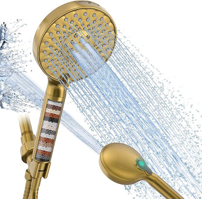 SR SUN RISE Filtered Shower Head with Handheld High Pressure 9 Spray Mode Showerhead Detachable Shower Head Water Softener Filters Beads for Hard Water Remove Chlorine 1 Filter Brushed Gold