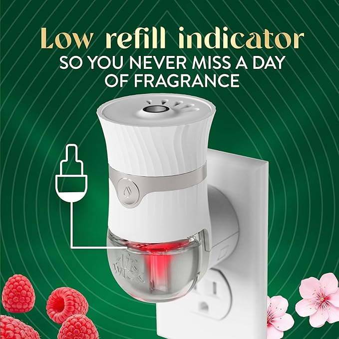 Air Wick Vibrant Plug In Scented Oil Refill, Infused with Essential Oils, Plug In Air Fresheners for Home, Cherry Blossom & Raspberry, 4 ct