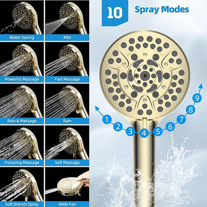 Hibbent All Metal cUPC Certified Shower Head, 10'' High Pressure Rain Shower Head, Handheld Showerhead Combo with 16'' Adjustable Extension Arm, 10 Sprays, 71'' Hose, Shower Holder, Polished Brass