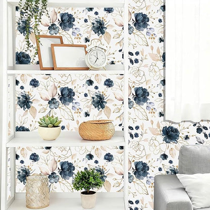 Navy Blue Floral Peel and Stick Wallpaper Self Adhesive Removable Thick Vinyl Watercolor Botanical Flower Gold Line Accent for Bedroom Bathroom Living Room Accent Wall 17.7" x 78.8"