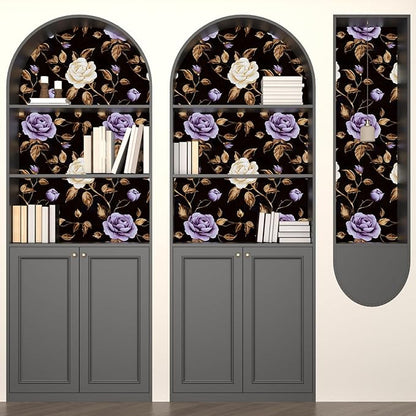 Laatse Golden Floral Wallpaper Peel and Stick Vintage Purple Gold Rose Contact Paper Self Adhesive Removable Retro Dark Flower Wall Mural for Bedroom Walls Shelves Cabinet Table Decor 17.5" x 118"