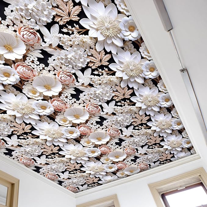 FunStick 17.5"x354" White Faux 3D Floral Peel and Stick Wallpaper Black Pink Embossed Floral Wallpaper for Bathroom Living Room Accent Wall Panels Self Adhesive Contact Paper for Walls Shelves Vinyl