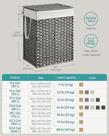 SONGMICS Laundry Hamper with Lid, 23.8 Gallon (90 L) Synthetic Rattan Clothes Laundry Basket with Lid and Handles, Foldable, Removable Liner, Dove Gray ULCB51WG