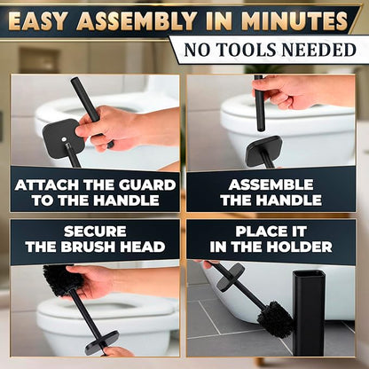 Black Toilet Brush with Square Stainless Steel Holder - Freestanding Toilet Brush and Holder Set Black - Removable Plastic Inner Cup, Splash Guard Cover, Replaceable Head, Corrosion Resistant Finish