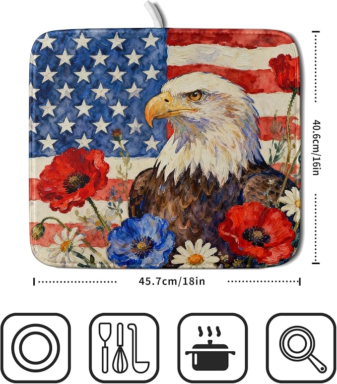 4th of July American Flag Eagle Dish Drying Mat for Kitchen Counter 16x18 Patriotic Floral Memorial Day Absorbent Reversible Microfiber Drying Mats Kitchen Countertop Protector Dishes Drainer Pad