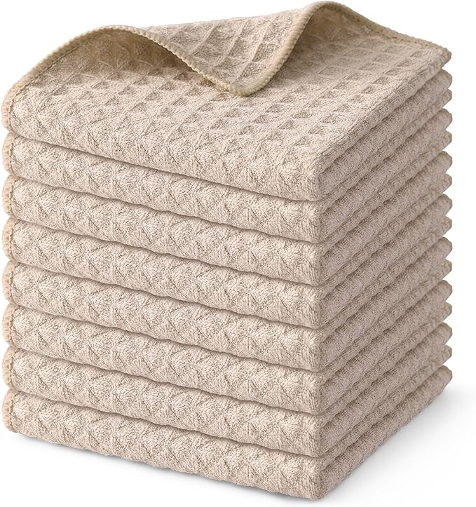 Homaxy Microfiber Waffle Weave Kitchen Dish Cloths, 12 x 12 Inch Ultra Absorbent and Solid Color Dish Towels for Kitchen Fast Drying Dishcloth for Washing Dishes, 8 Pack, Beige