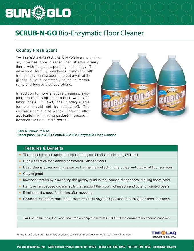 Sun-Glo SCRUB-N-GO - Bio-Enzymatic Multi-Surface Cleaner, No Rinse for Floor Cleaner, Grout Cleaner, and Tile Cleaner, Ideal for Kitchen Cleaner - 4x1 Gallon Case