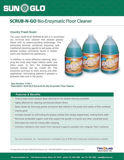 Sun-Glo SCRUB-N-GO - Bio-Enzymatic Multi-Surface Cleaner, No Rinse for Floor Cleaner, Grout Cleaner, and Tile Cleaner, Ideal for Kitchen Cleaner - 4x1 Gallon Case