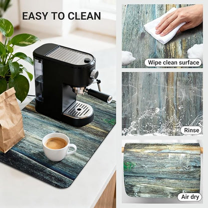 Coffee Mat 24x16 Inch, Wood Grain Coffee Protection Mat, Absorbent Hide Stain Rubber Backed Dish Drying Mat for Kitchen Counter, Bar Mat for Countertops, Under Coffee Maker Machine Pot Espresso Staion
