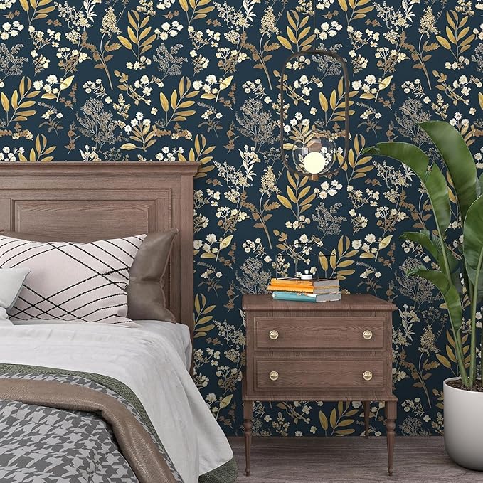 Laatse Dark Blue Leaf Wallpaper Peel and Stick Dark Floral Wallpaper for Bedroom Vintage Leaf Contact Paper Waterproof Self Adhesive Boho Floral Wall Paper for Bedroom Walls Countertop 17.5in x 393in