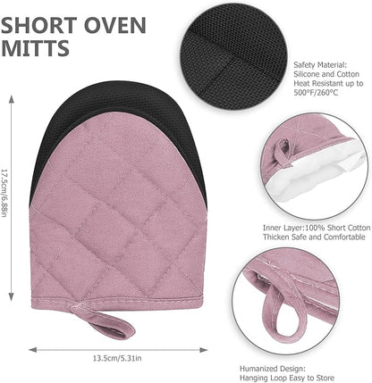 Short Oven Mitts, Heat Resistant 500°F, Silicone Grip Kitchen Gloves, Non-Slip for Baking, Grilling, BBQ, Machine Washable with Hanging Loop, 2-Pack Set, Light Pink