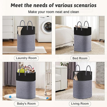 Laundry Basket,Woven Cotton Rope Laundry Hamper,Versatile Storage for Dirty Clothes,Baby Toys,and Blankets in Bathroom, Nursery,and Living Room (Black, 40L)