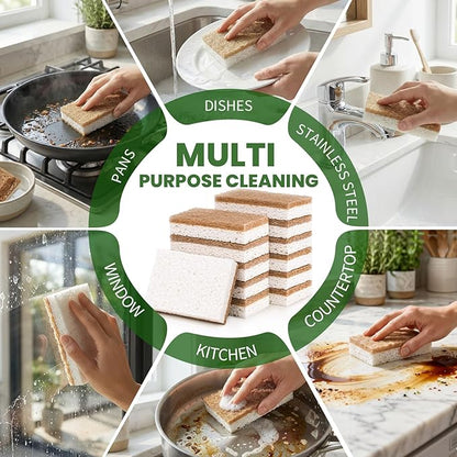 Metflavor Plant-Based Natural Kitchen Sponges,Biodegradable Non-Scratch Cellulose & Coconut Walnut Scrubber Sponge, Eco-Friendly & Sustainable (48 Pack)