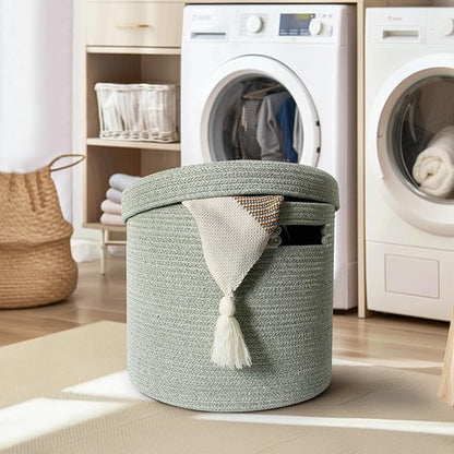 Storage Basket with Lid, Woven Blanket Storage for Living Room, Cotton Rope Bin with Lid, Round Wicker Laundry Basket with Cover, Lidded Kid Dog Toy Box, Nursery Organizer, 15"x13", Green