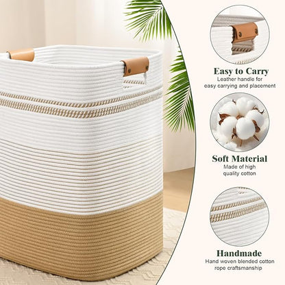 Laundry Hamper, 95L Tall Laundry Basket with Leather Handles, Rectangle Large Clothes Hamper for Organizing, Cotton Woven Laundry Baskets Storage Hampers for Bedroom, Nursery, Living Room