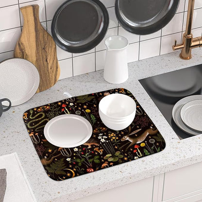 Black Mushrooms Butterfly Dish Drying Pad 16 x 18 Inch With Absorbent Reversible Microfiber Forest Wild Animals Flowers Moon Star Drying Mats Dish Drainer Mat Fast Dry For Kitchen Dining Room